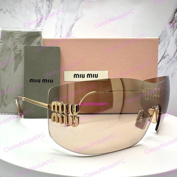New MIU MIU Aube Sunglasses Gold Light Brown Mirror Bronze Rimless Wrap Womens main image 8